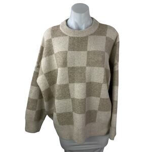Oak + Fort Brown Checkered Knit Crew Neck Long Sleeve Sweatshirt Sweater Top XS